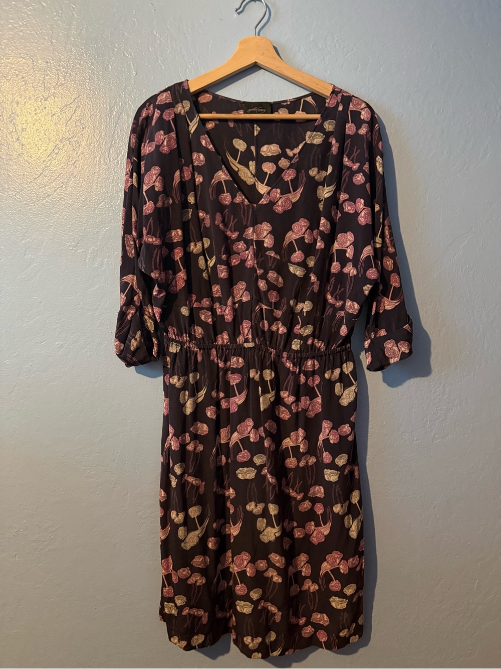 Rachel Comey 100% Silk Classic Black Midi Dress with Pink & Cream Floral Print